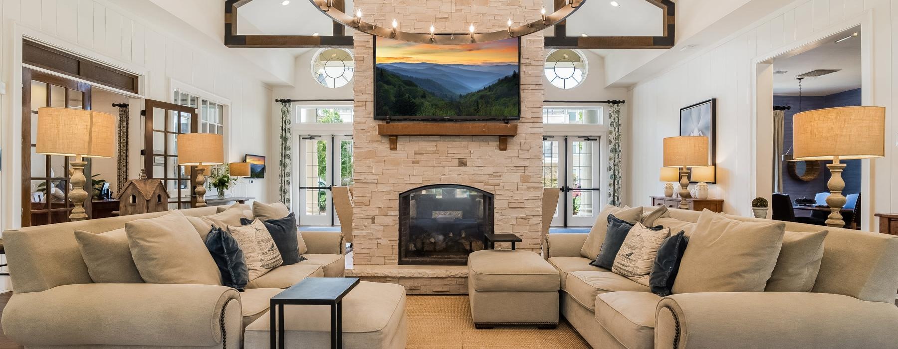 a living room with a fireplace
