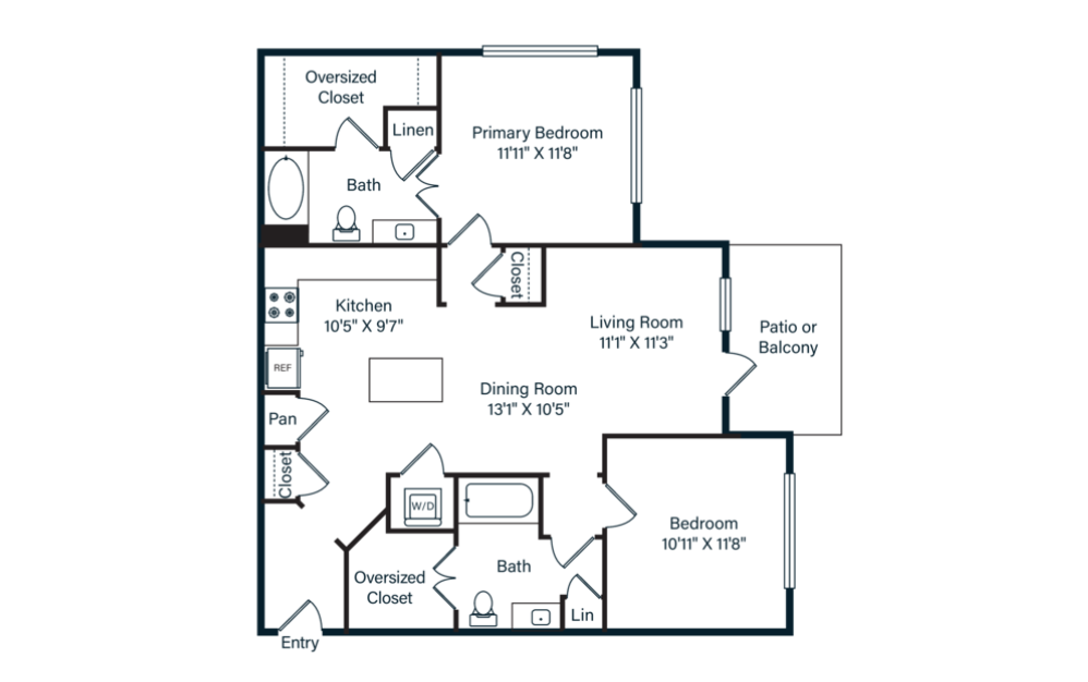 Georgian - 2 bedroom floor plan layout with 2 bathrooms and 1059 square feet