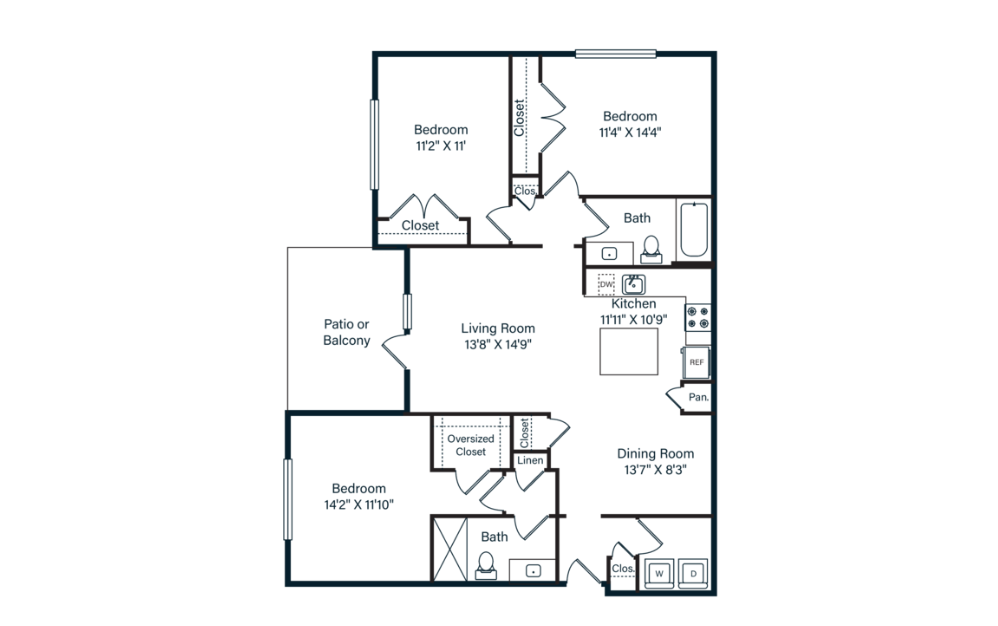 Haven - 3 bedroom floor plan layout with 2 bathrooms and 1399 square feet